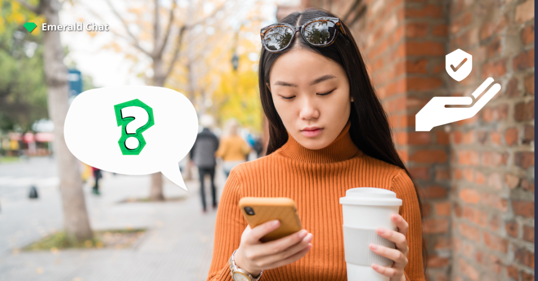 Woman outdoors holding a phone and coffee, illustrating the importance of safety and privacy in online chat rooms.