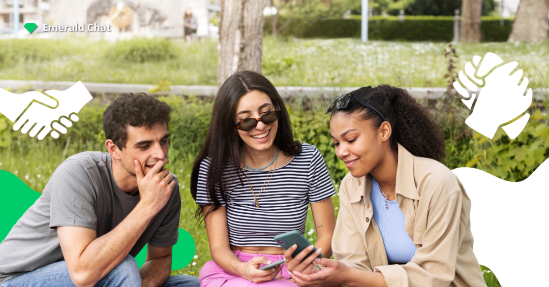 Three friends smiling while looking at a phone, with a report and alert icon representing user feedback and reporting features in Emerald Chat.