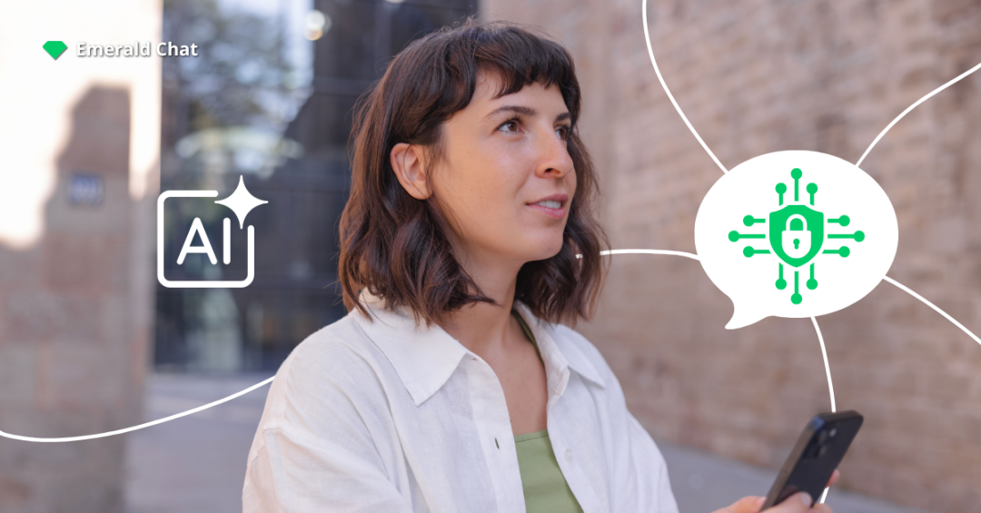 A woman looking ahead while holding her phone, with AI and security icons floating around her to symbolize how Emerald Chat’s AI learns to protect user conversations.