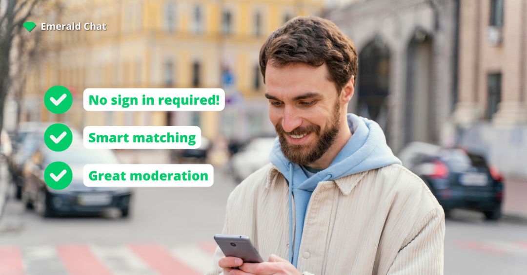 Man smiling while using his phone, with icons highlighting Emerald Chat features like no sign-in, smart matching, and great moderation.