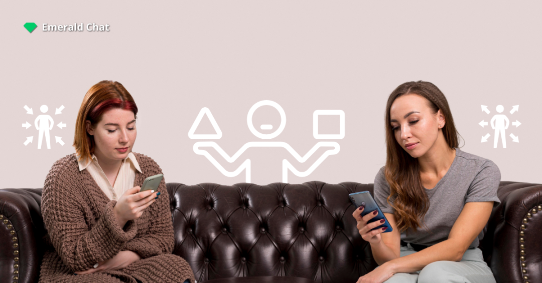 Two women seated on a couch looking at their phones, separated by a doodle icon about personality differences affecting how people connect.