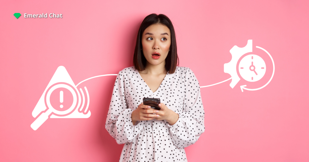 A surprised young woman holding her phone against a pink background, with alert and clock icons illustrating Emerald Chat’s real-time detection and response system.