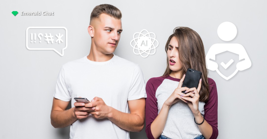 A man and woman looking at each other while using their phones, with AI moderation and protection icons showing the balance between online safety and free conversation.