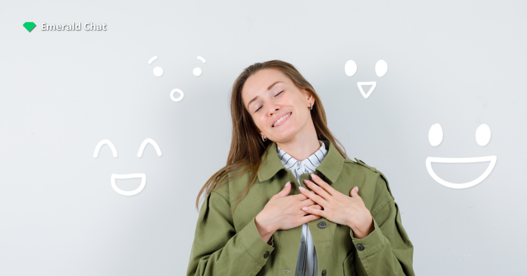 Woman smiling with eyes closed and hand on chest, representing emotions and the blurred line when falling for someone you barely talk to