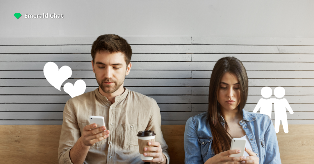 Group of young adults sitting together, chatting on their phones to show different types of chat rooms like group and private chats.
