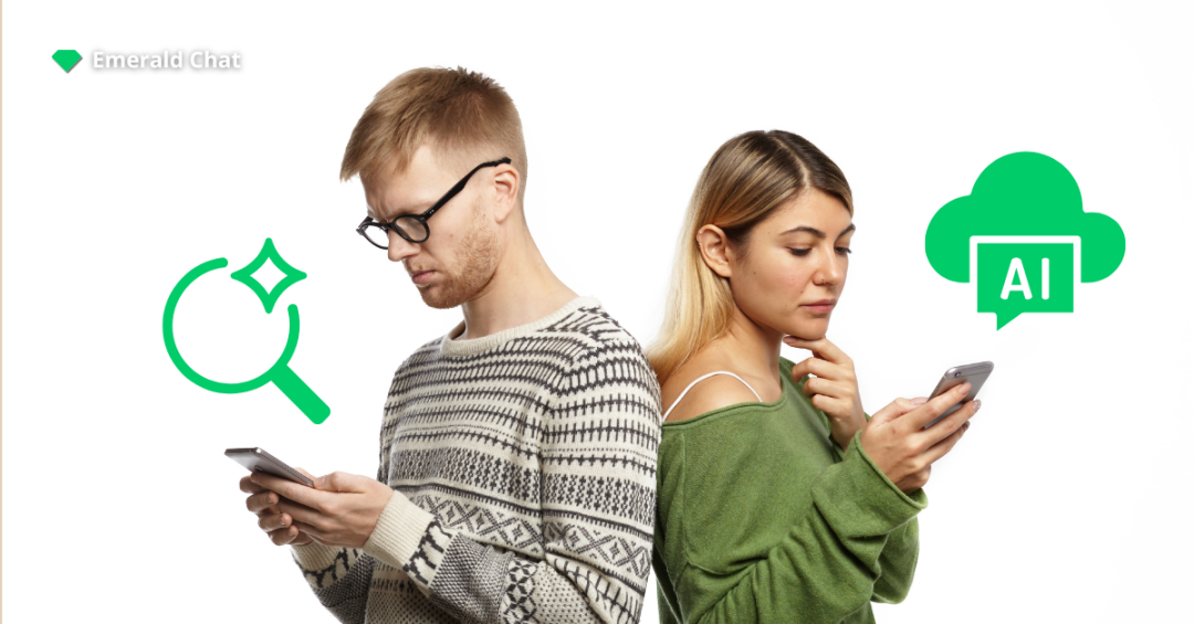 A man and a woman using their phones, surrounded by green AI icons representing artificial intelligence and content moderation for safe online chats.