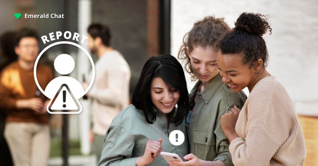 Three friends sitting outdoors, smiling while looking at a phone, with handshake icons representing teamwork and user responsibility in maintaining a safe chat space.