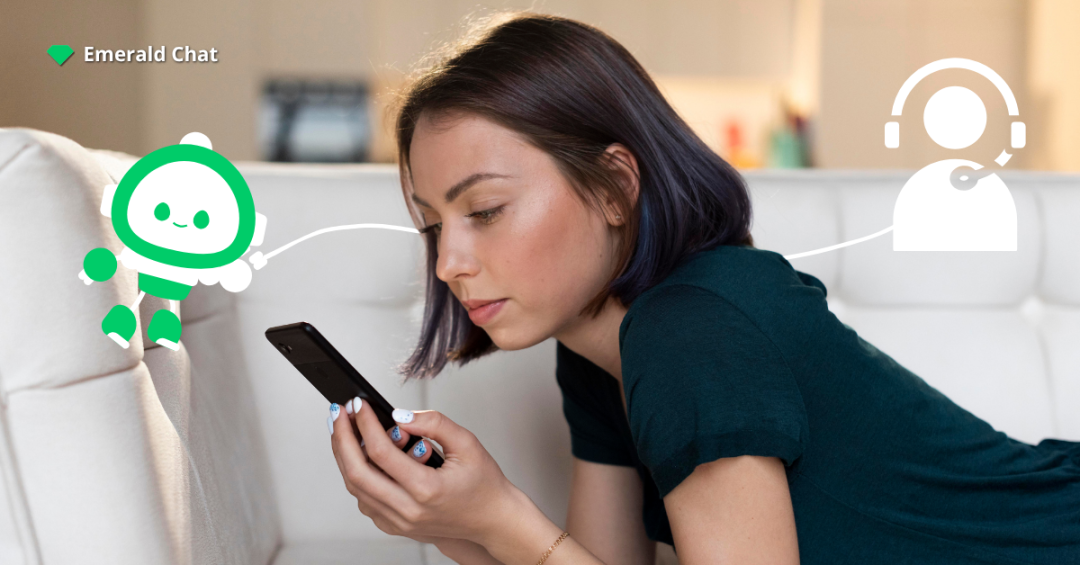 A young woman lying on a couch chatting on her phone, connected by a line illustration to a cute AI bot and a human support icon, representing human and AI collaboration.